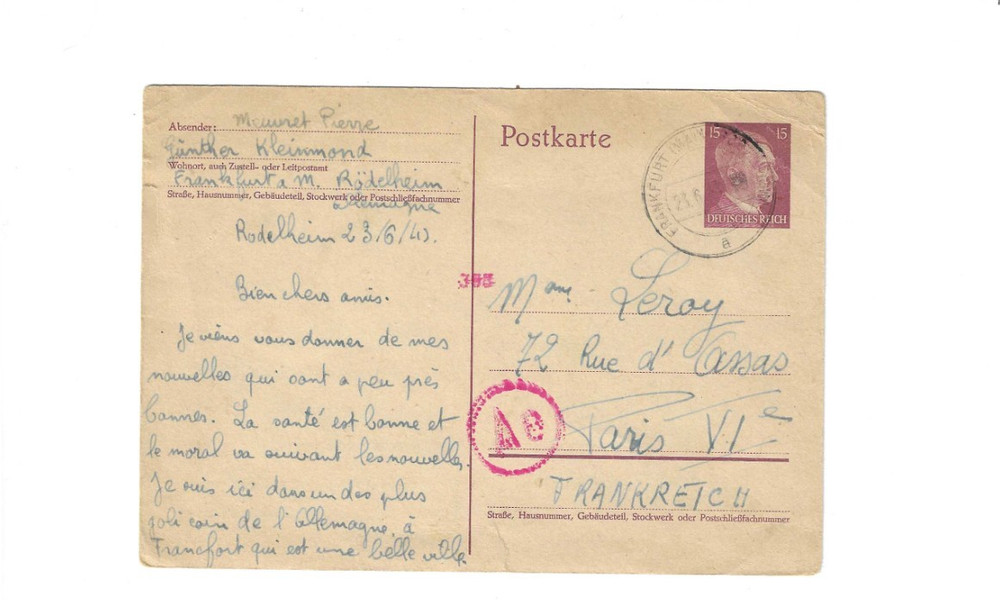 GERMANY Post Card sent from Frankfurt to France – corner creases; small tears