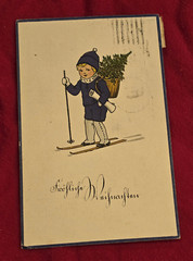 Antique German Reich CHRISTMAS Wishes Art Postcard 1924 Boy skiing