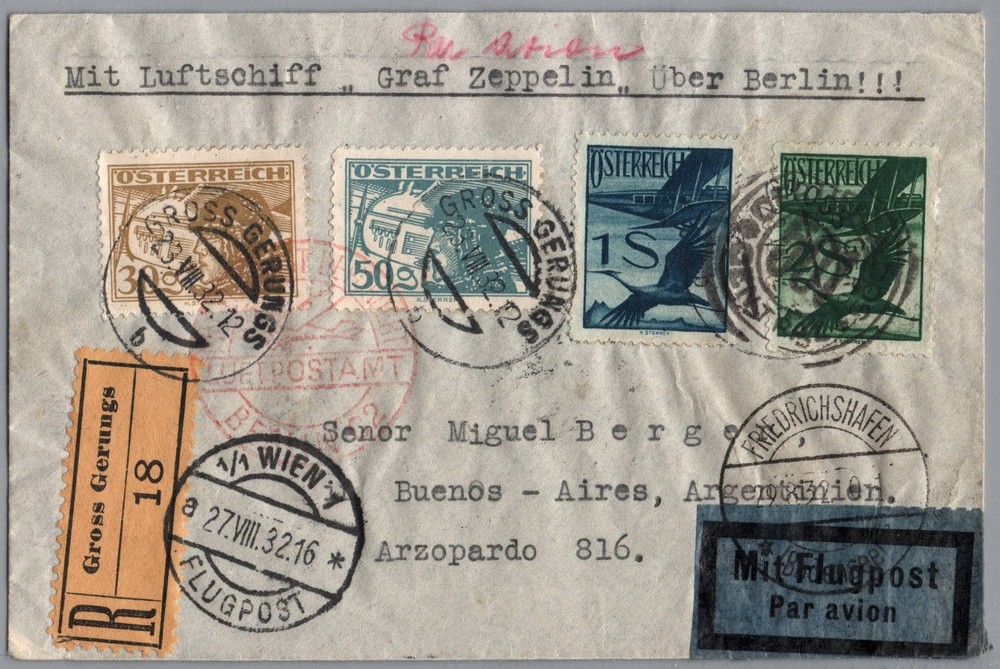 1932 Graf Zeppelin LZ 127 Austria to South American Flight Air Mail Cover S. 171