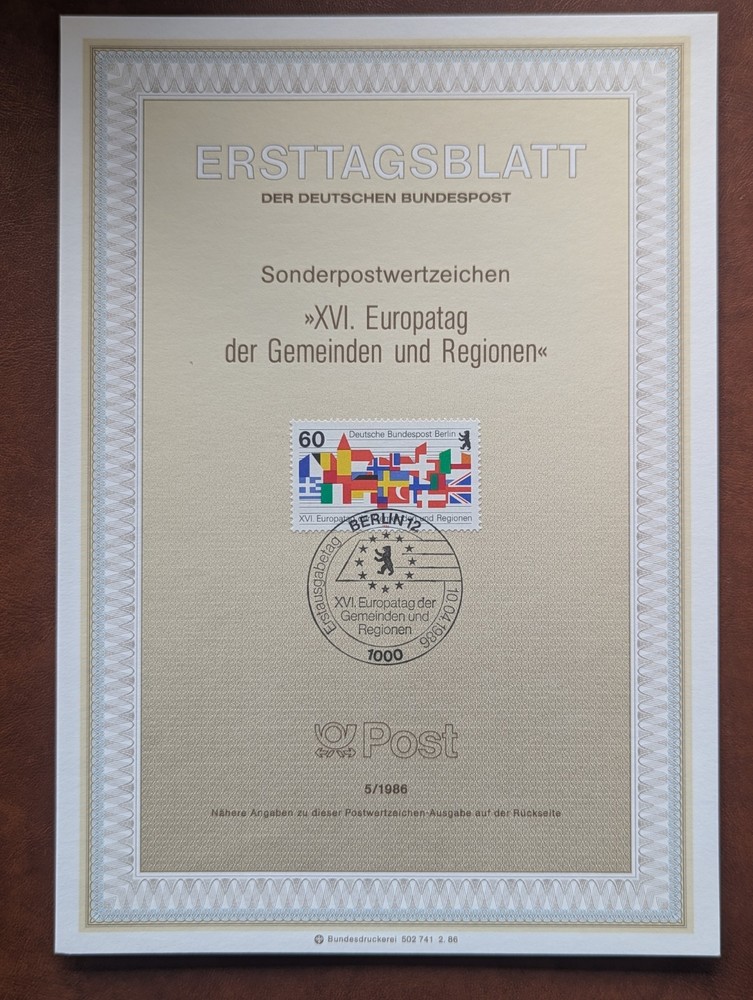 Germany (Berlin) First Day Sheet 1986 Europe Day Of Municipalities. 63MA
