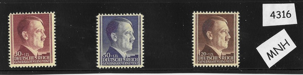 #4316 MNH Stamp set ScB12-B14 Adolf Hitler Thick paper 1942 Poland Occupation
