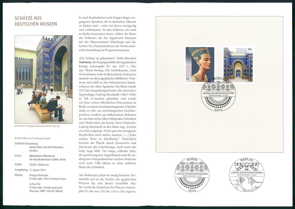 GERMAN POST FOLDER 2013/03 MUSEUM PERGAMEMNON ISCHTAR-TOR NOFRETETE NEFERTITI