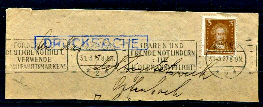 🚩💥GERMAN REICH: STAMP 1927 RARE BLK/BLUE SLOGAN/CANCEL POSTAL SQ – MUNICH💥