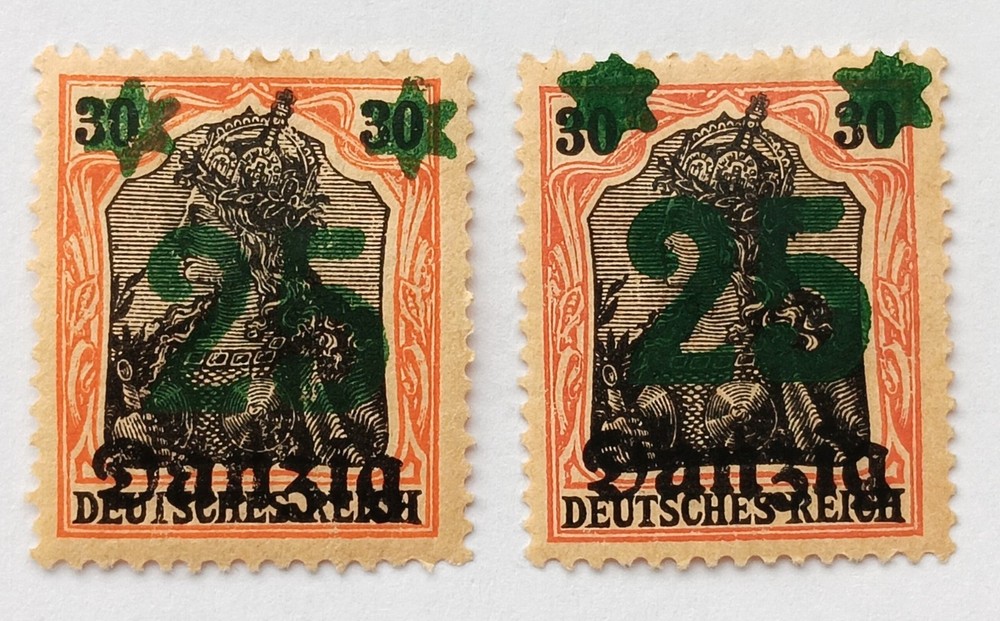 Danzig 1920 Scott 21- two size overprints left 25pf is 9.5mm, right is 8.5mm hi