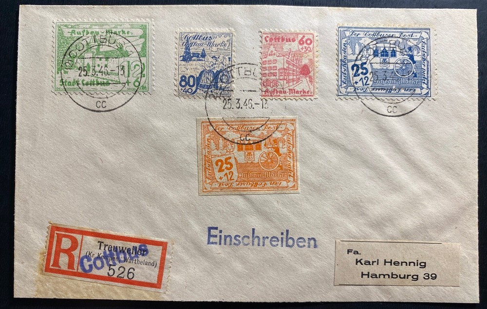 1946 Cottbus Germany Local Stamp issue Post WW2 Registered Cover To Hamburg