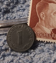 1941 German penny ~ 1 Pfenning ~ km#97 , WW2 Germany ~ + 60 pf. Stamp