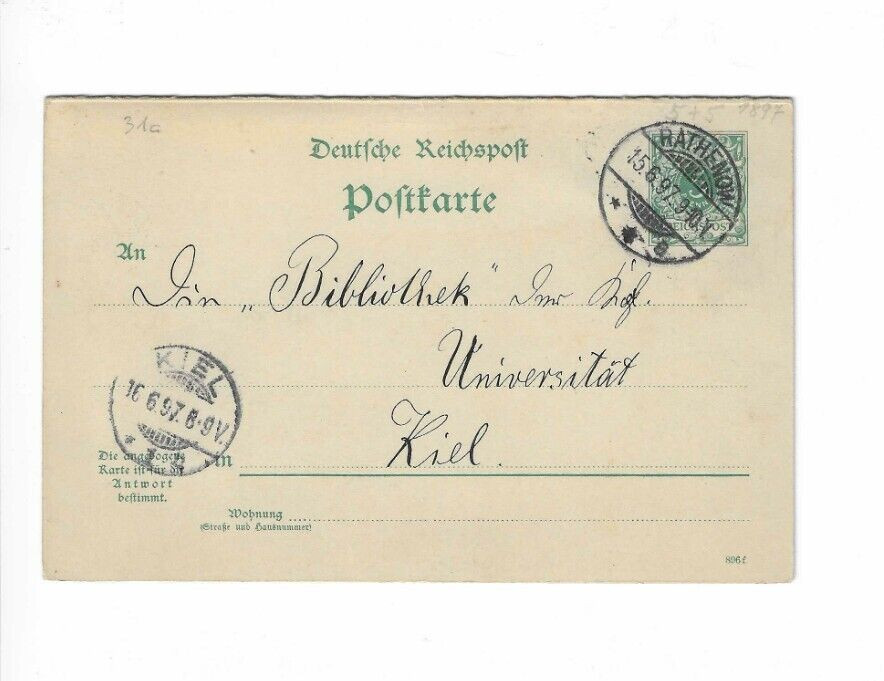 GERMANY 1897 Post Card (with reply card) sent from Rathenow to Kiel