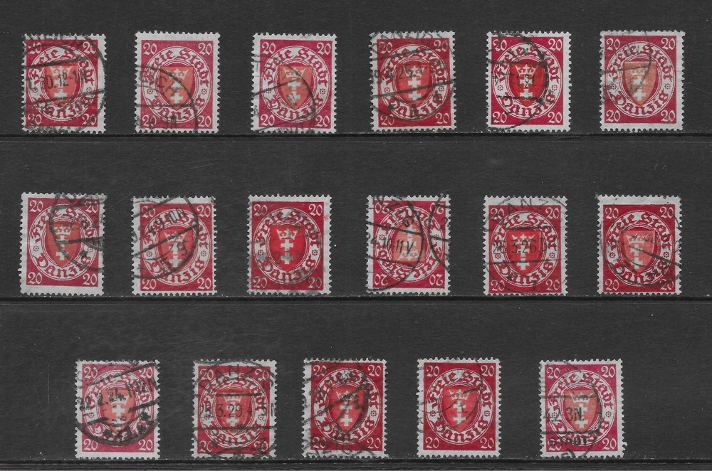 DANZIG SCOTT 177 20pf USED x 17 (B) – 1924 20pf CARMINE & RED COAT OF ARMS ISSUE