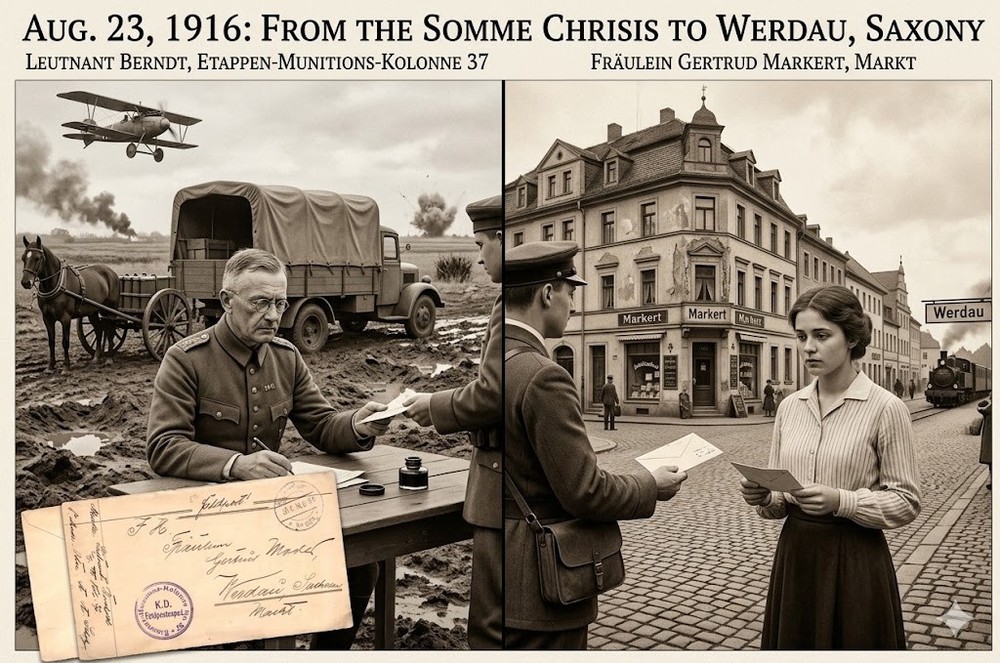 WWI German Feldpost 1916 Somme Cover Ammunition Column 37 to Werdau Saxony