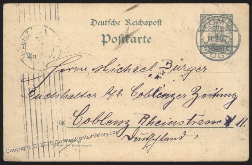 Togo 1907 Germany 5pf Yacht Postcard to Coblenz 110067