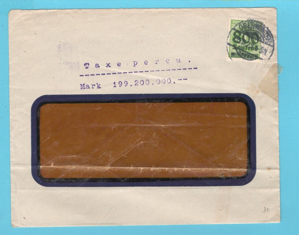 GERMANY inflation cover with taxe perçu november 1923 to Netherlands