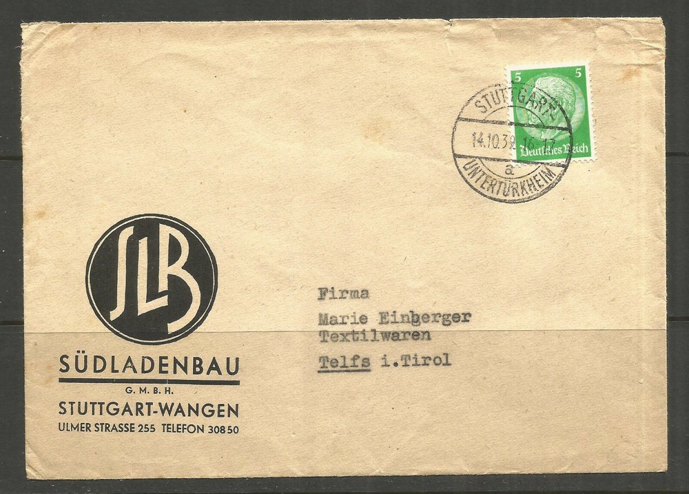 *OSBURGH – GERMANY. 1939. WW2. COVER. STUTTGART UNTERTURKHEIM. JLB – SUDLADENBAU