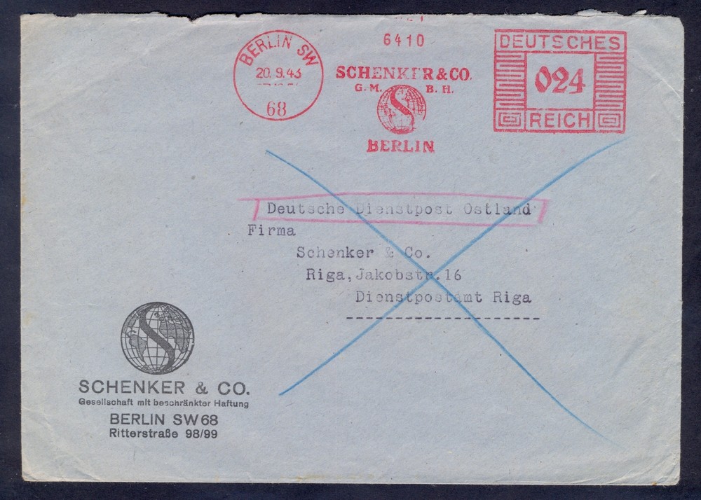 7136 Germany(Ostland),1943,Firma cover from Berlin with red machine cancel to