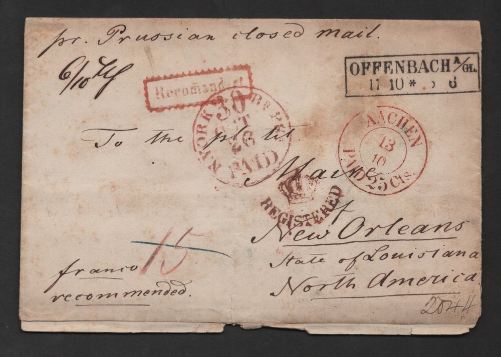 GERMANY 1859 PRUSSIA OFFENBACH REGISTERED STAMPLESS TO NEW ORLEANS LA US COVER