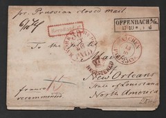 GERMANY 1859 PRUSSIA OFFENBACH REGISTERED STAMPLESS TO NEW ORLEANS LA US COVER