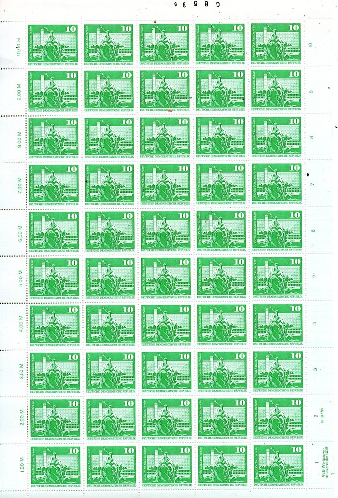 GDR DDR 10 Pf Complete 50-Stamp Sheet Printing Error – Incorrect Margin Counte