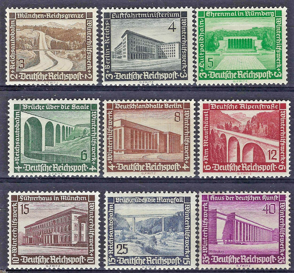 Germany Third Reich 1936 Mi# 634-642 MH Winter Relief Fund Modern Buildings *