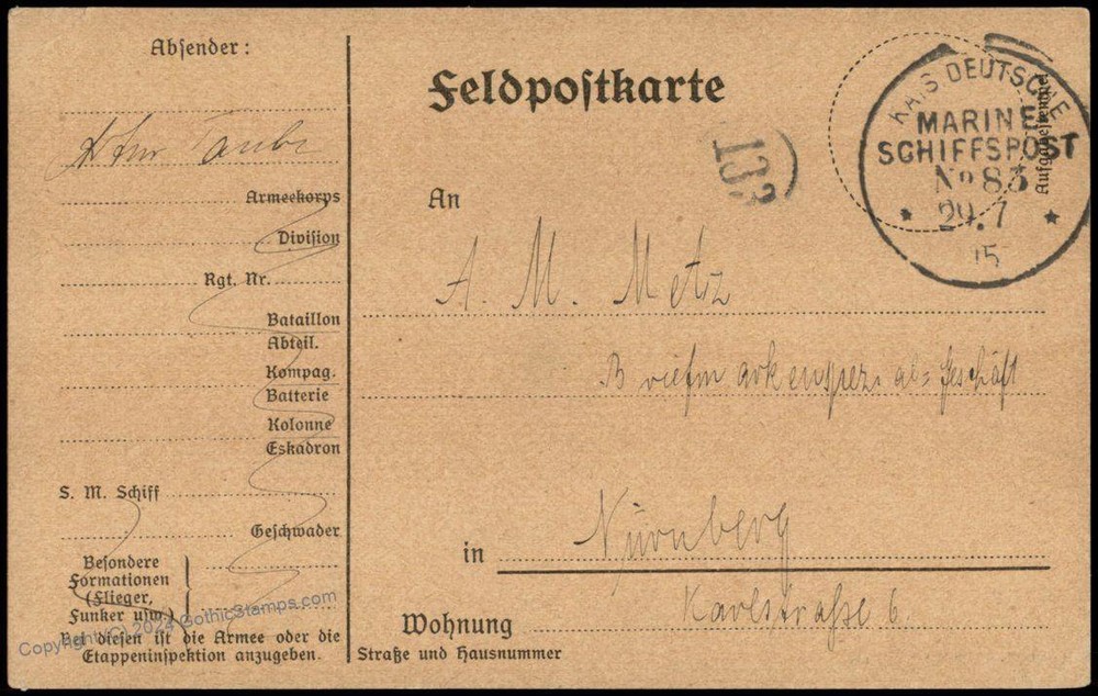 Germany WWI 1915 Navy SMS Kaiserin MSP83 Feldpost Cover 75487