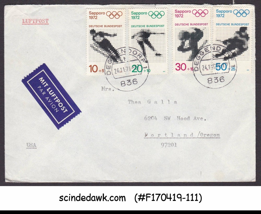 GERMANY – 1971 AIR MAIL ENVELOPE USA WITH WINTER OLYMPIC STAMPS