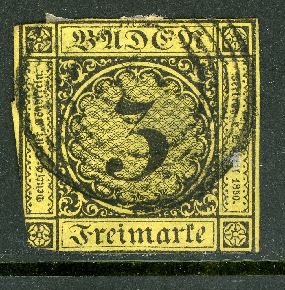 GANDALFGermany States 1851 Baden 3 Kr Black/Orange Thin Paper Scott #2a VFU G407