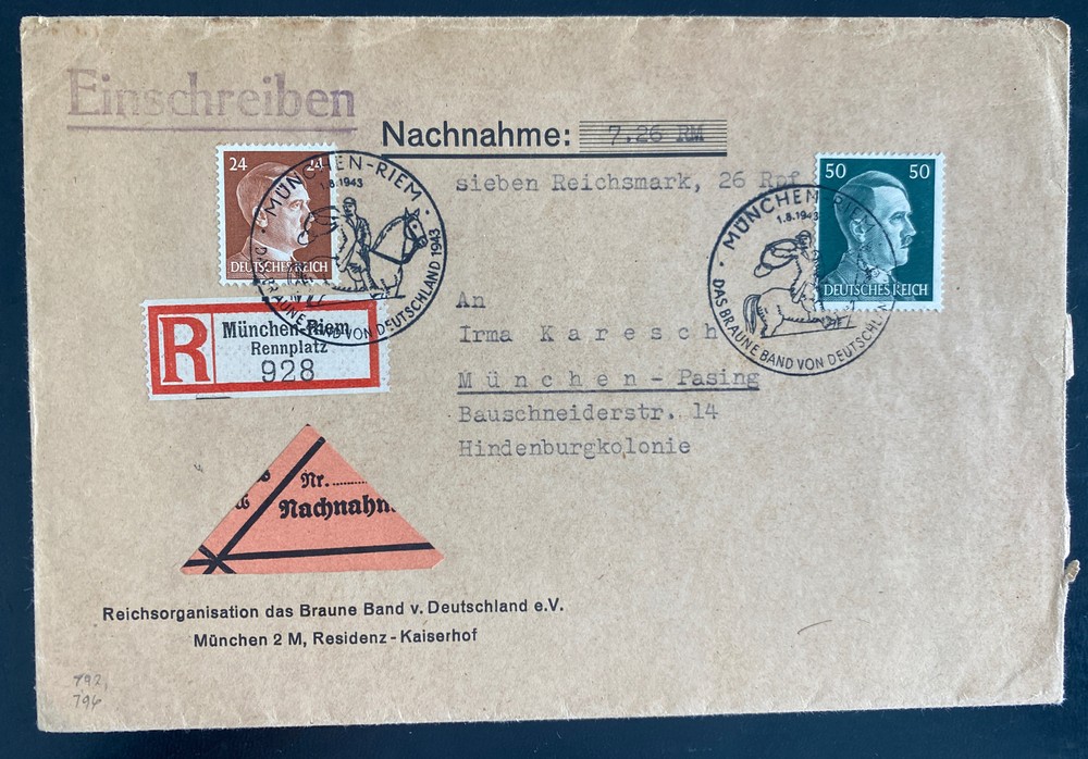 1943 Munich Germany First Day Cover Locally Used Brown Ribbon Prix