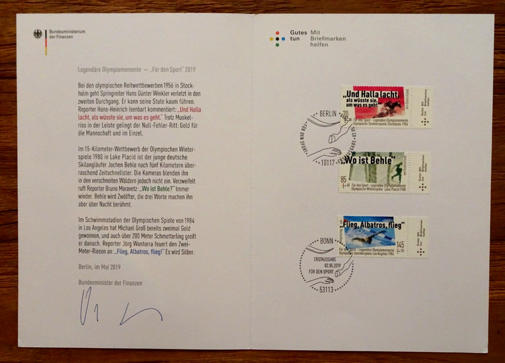 First Day Cover Bundle Germany BRD Minicard 3460-3462 Sporthilfe 2019 Stamped