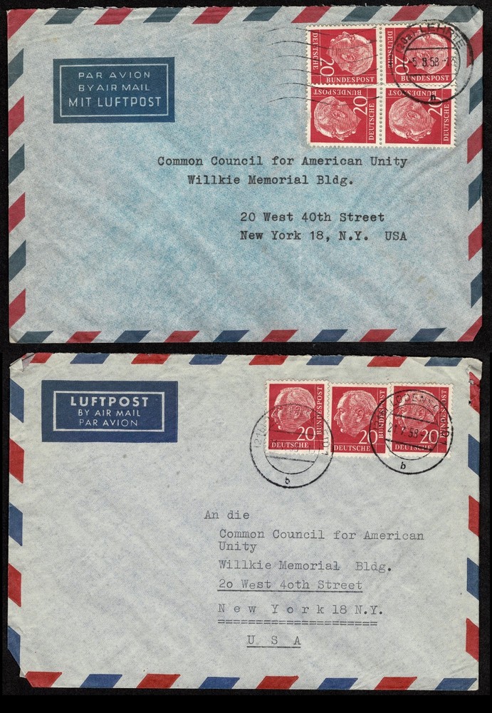 Two Covers German to USA 1958 bearing 3 and 4 copies of Heuss 20 ph red SC 710