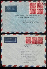 Two Covers German to USA 1958 bearing 3 and 4 copies of Heuss 20 ph red SC 710