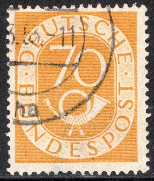 Germany Stamp Scott #683, 70pf, Numeral & Post Horn, Dp Yellow, Used, SCV$14.50