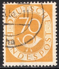 Germany Stamp Scott #683, 70pf, Numeral & Post Horn, Dp Yellow, Used, SCV$14.50