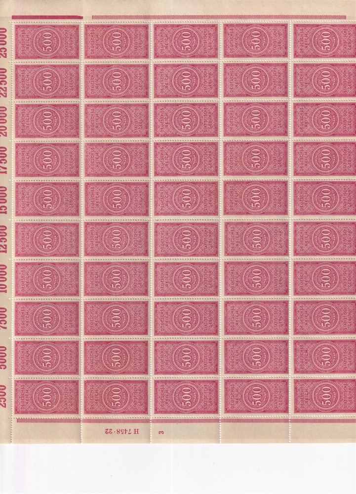 Stamp Germany Reich Revenue Full Unfolded Sheet Tax 500 MNH
