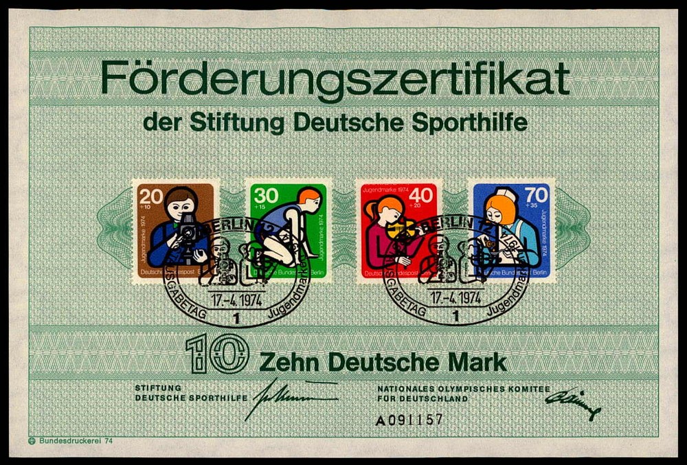 GERMAN SPORTS AID OLYMPIC COMMITTEE CERTIFICATE 1974 z1950