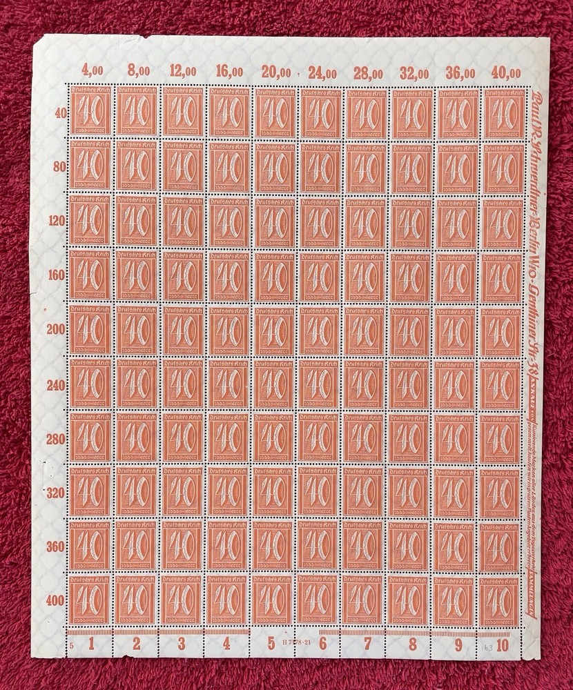 Germany #142, 40pfennig Pre-Hyperinflation Mint sheet/100 (R12-107/2)