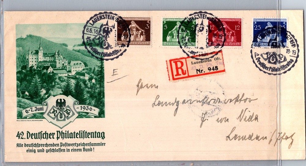 GERMANY 1936 POSTAL CACHET REG COVER ADDR & SPECIAL EXPO POSTMARK LAUENSTEIN