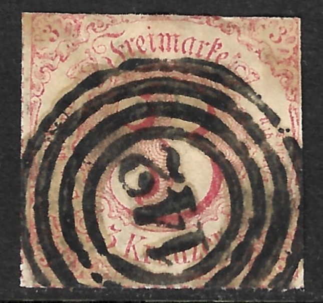 Germany Thurn and Taxis Scott #57 Used 3kr Rose Rouletted Numeral Cancel 1865