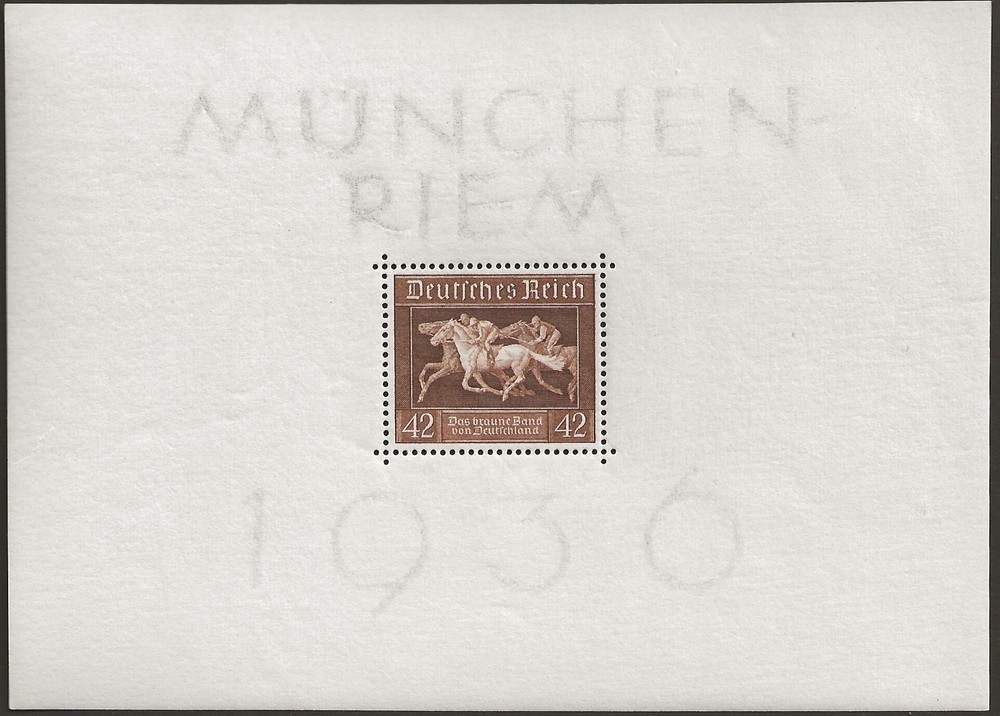 Germany #B90 MNH, 1936 Horse Race Souvenir Sheet + Single, Scott Value $24.00