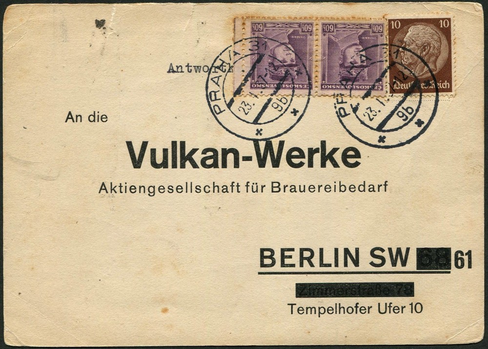 Czechoslovakia Prague to Berlin Germany Mixed Franking Postal Card 1937 Europe