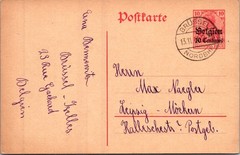 GERMANY 1914 WWI BELGIUM OCCUP STATIONERY POSTCARD ADDR LEIPZIG POSTMARK BRUSSEL