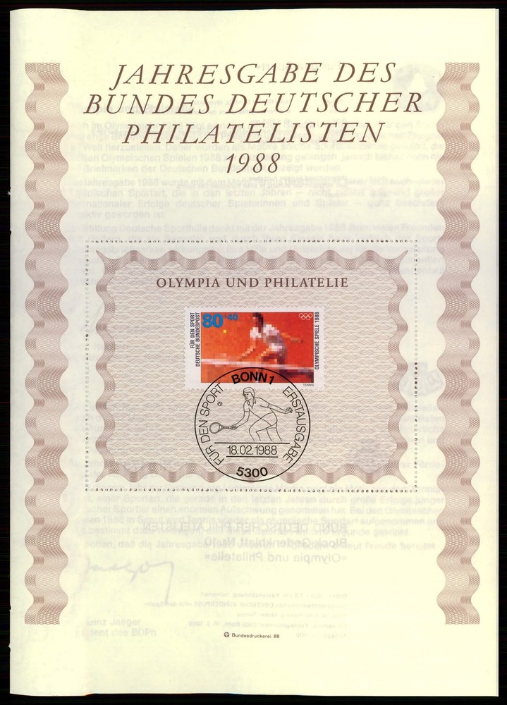 GERMANY FOLDER BDPH 1988 SPORTS – OLYMPICS – TENNIS – ONLY FOR MEMBERS !!! #