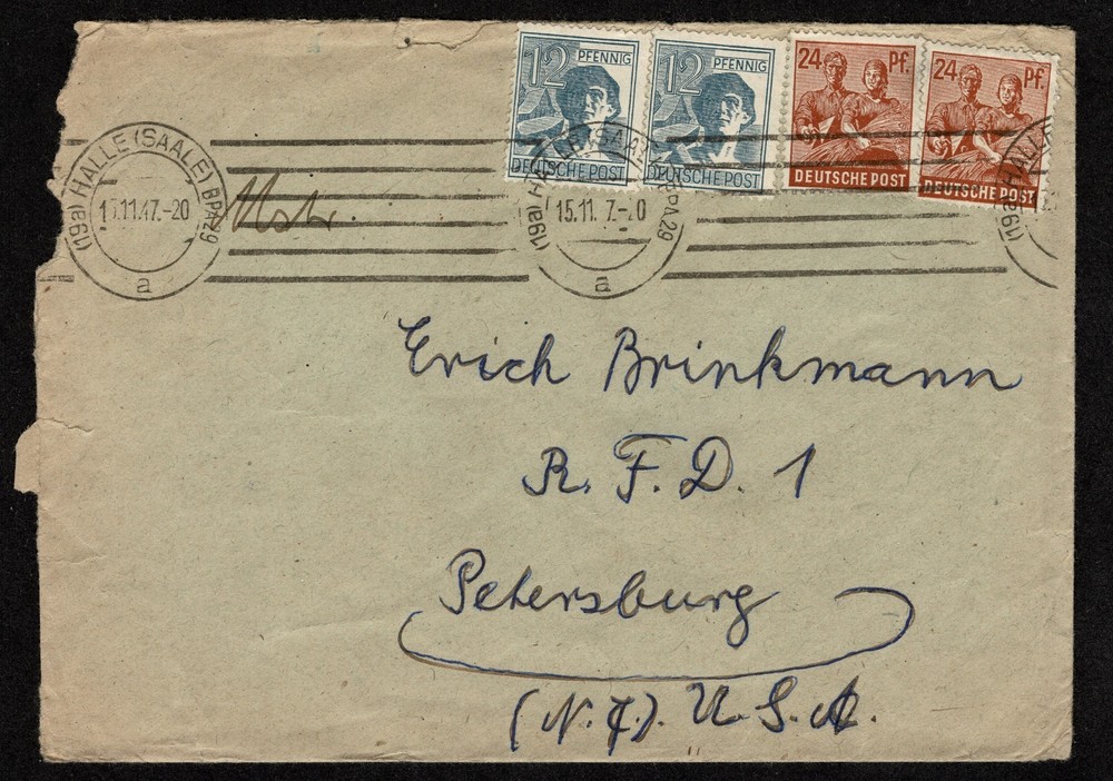 GERMANY (SOVIET ZONE) To US 1947 — Halle (Saale) 15.11.47 (2) 12pf and (2) 24pf