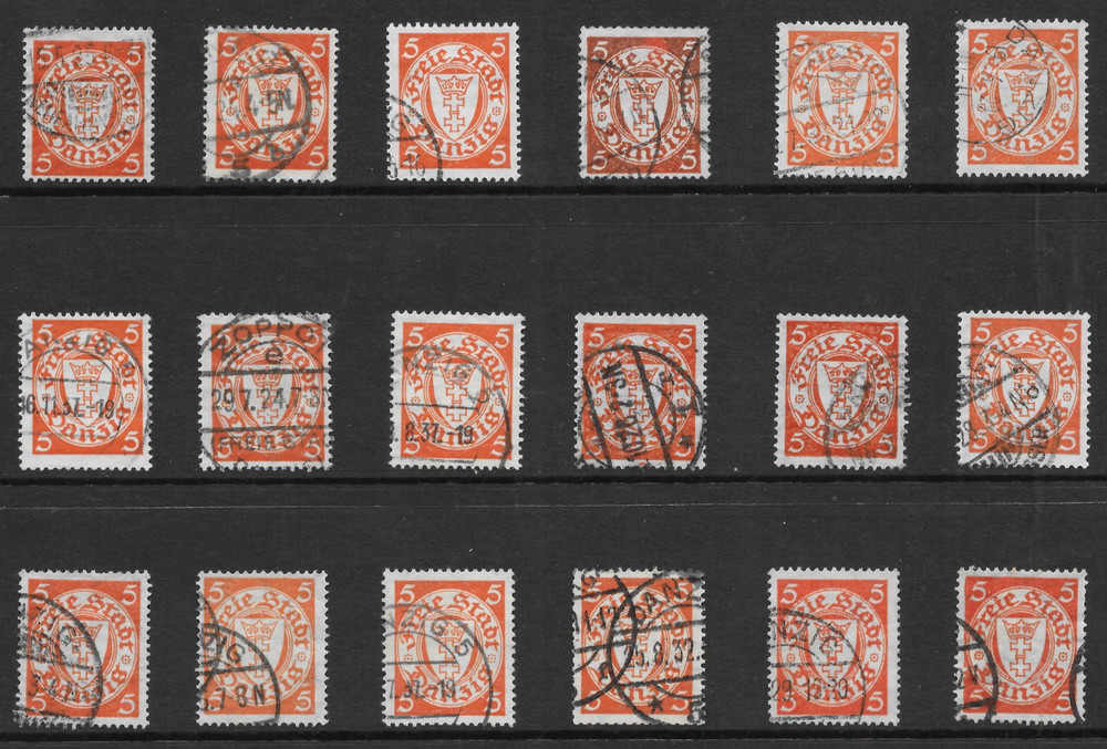 DANZIG SCOTT 173 USED x 18 – 1924 5pf ORANGE/YELLOWISH – COAT OF ARMS ISSUE