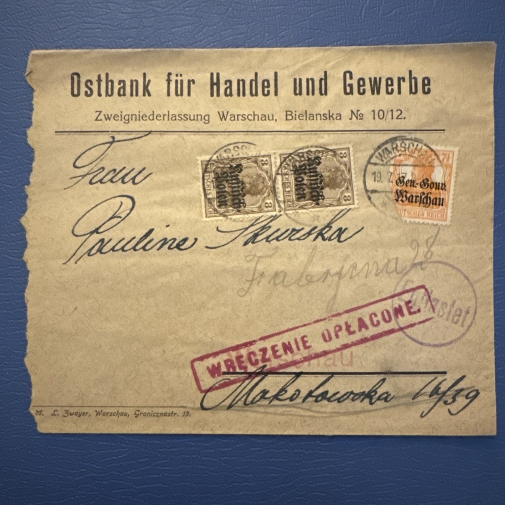 Historic 1917 WWI German Occupation of Poland Postal Cover – Warsaw Branch