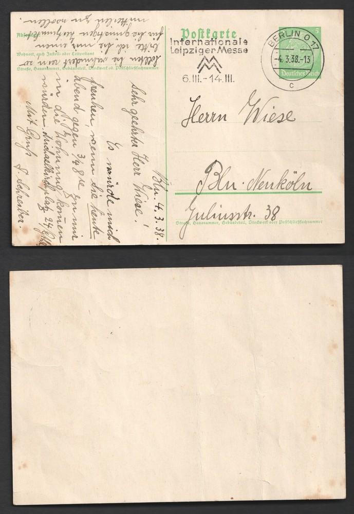 Germany 1938 Leipzig Fair Slogan Berlin 5pf Postal Stationery Card