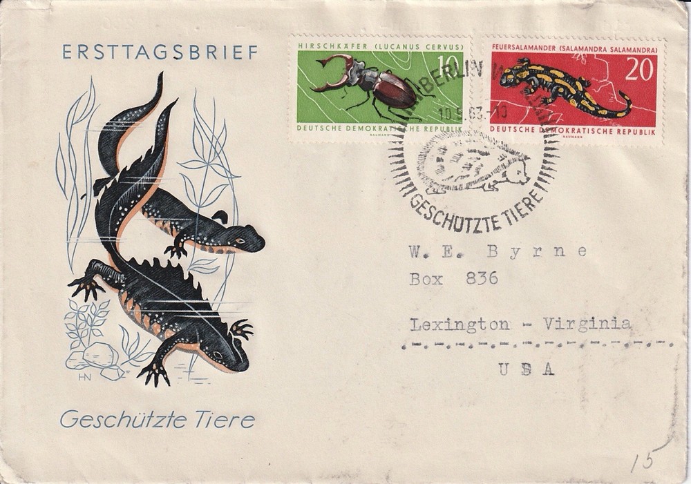 1963 GERMANY DDR FDC FAUNA BEETLE FIRE SALAMANDER TO USA