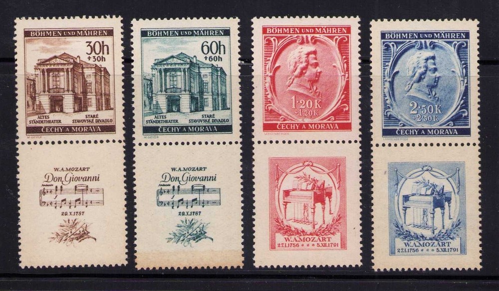 Bohemia and Moravia B5-B8 Mozart Stamp Set With Bottom Labels MH 1941