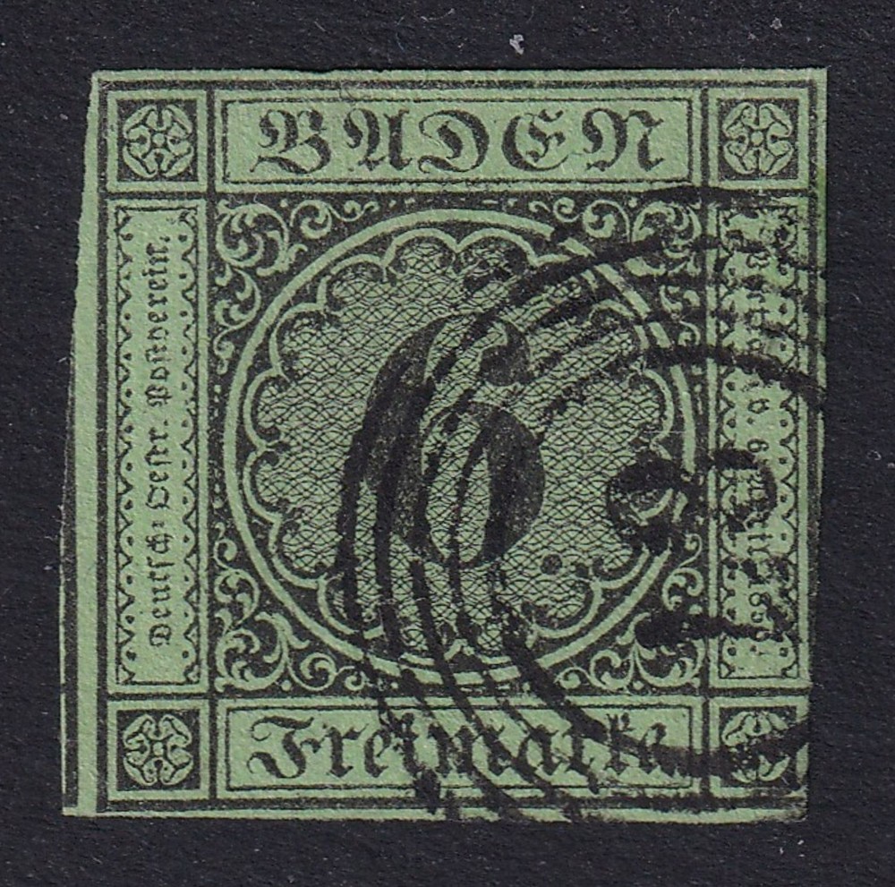 BADEN 1852 Numeral 6k on Yellow-Green SG 5 Used (CV £80)