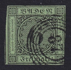 BADEN 1852 Numeral 6k on Yellow-Green SG 5 Used (CV £80)