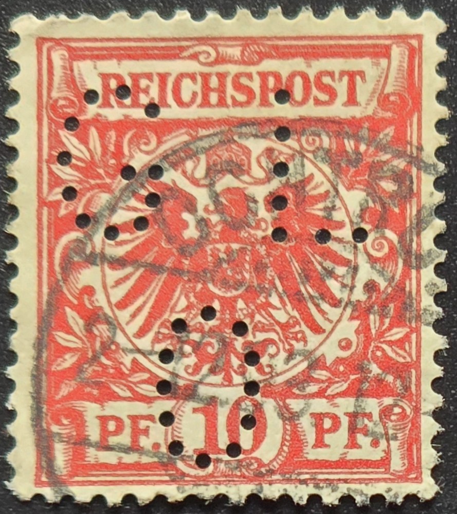 Germany – 1898–1900 Scott #53 Reichspost 10 Pf Imperial Eagle – „GLO“ PERFIN