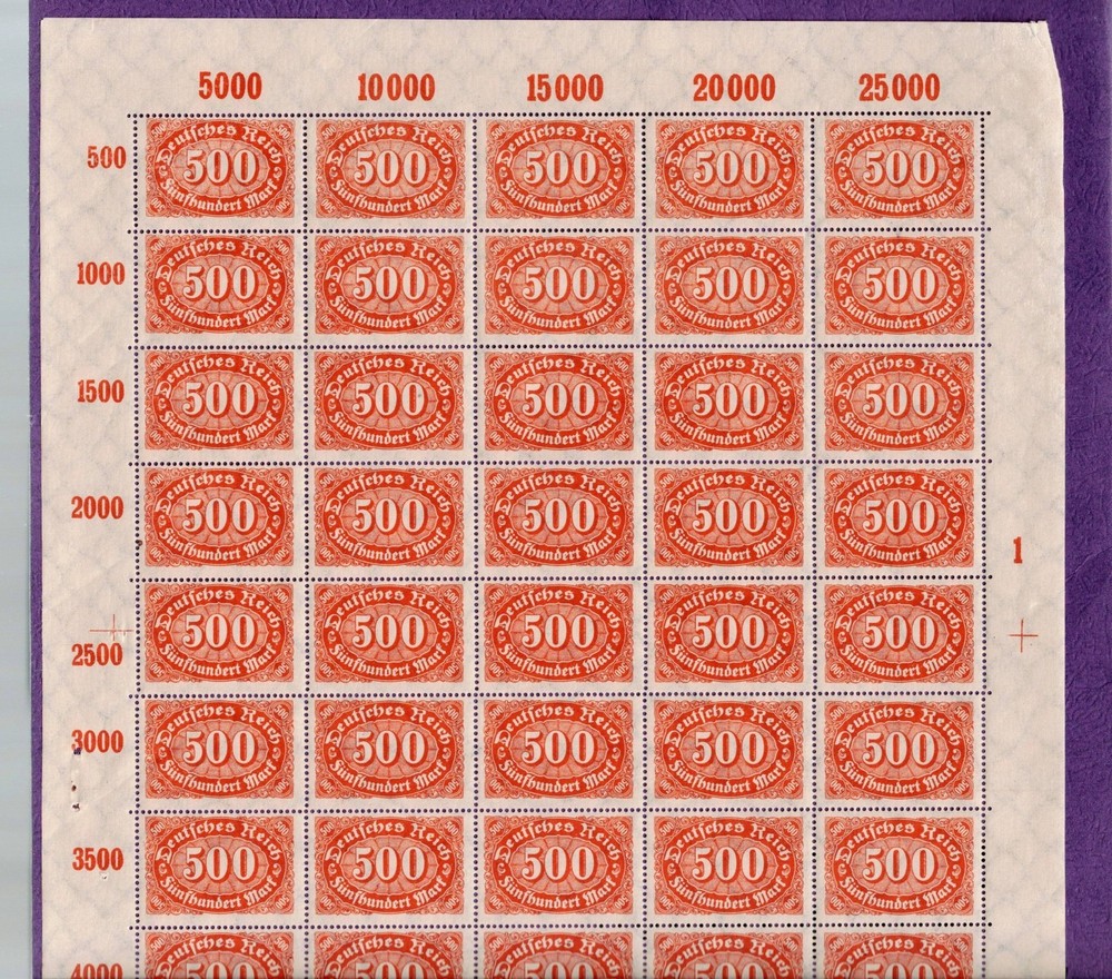 MNH Stamp sheet Scott 160 500M Large numeral Weimar Republic Germany 1922