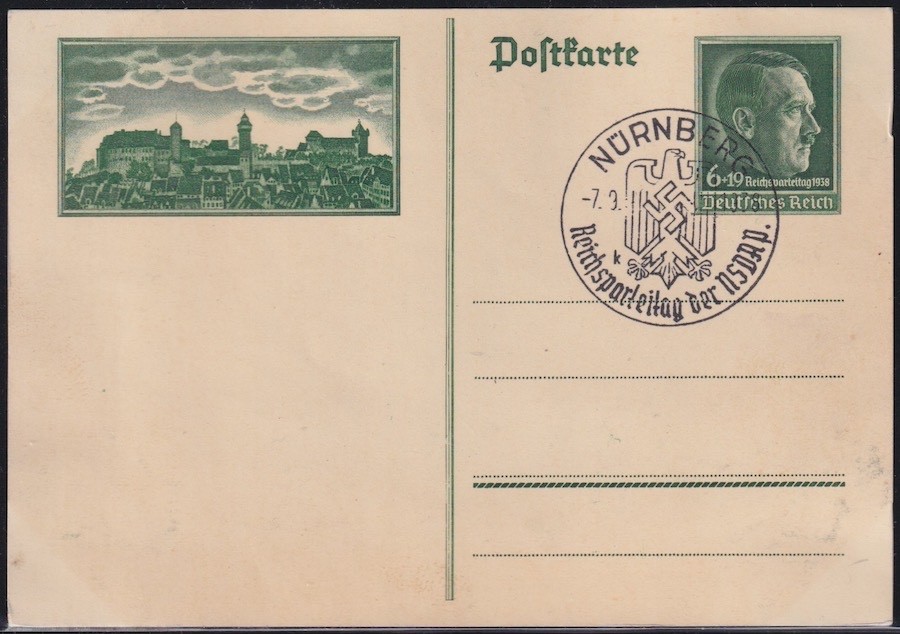 VINTAGE GERMAN 1938 POSTCARD of NUREMBERG with NUREMBERG CANCEL (ITEM0428)